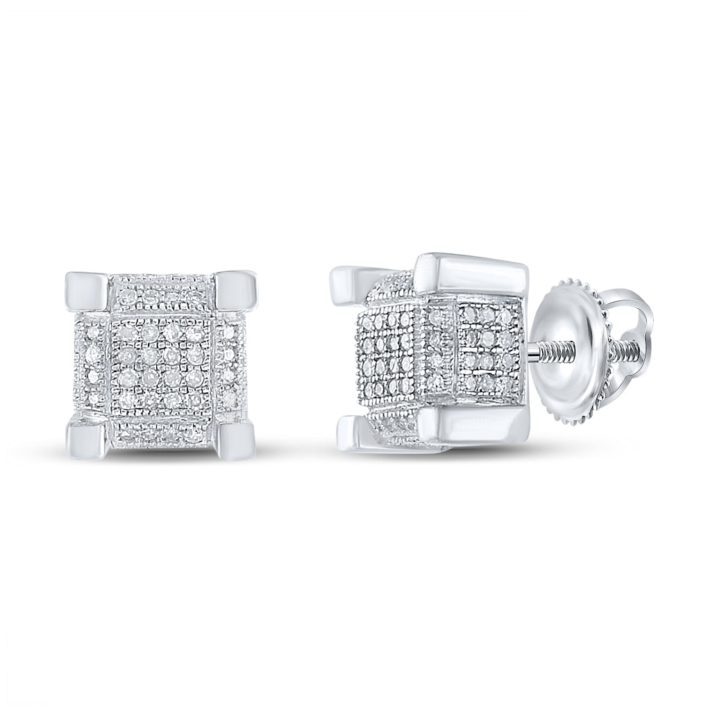 Sterling Silver Mens Round Diamond 3d Square Cluster Stud Earrings 1/2 Cttw