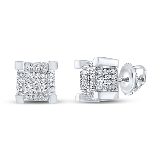 Sterling Silver Mens Round Diamond 3d Square Cluster Stud Earrings 1/2 Cttw