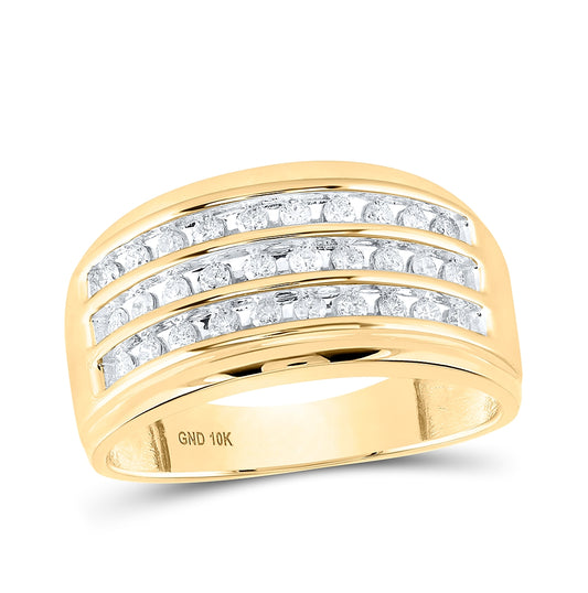 10K Yellow Gold Mens Round Diamond Triple Row Band Ring 1/2ctw, Mens Size: 7-13
