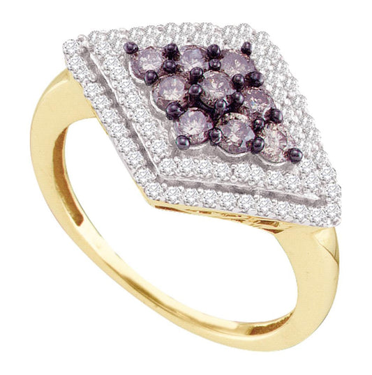 10kt Yellow Gold Womens Round Brown Diamond Diagonal Cluster Ring 3/4 Cttw