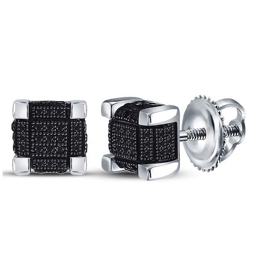 Sterling Silver Mens Round Color Enhanced Black Diamond 3d Cube Stud Earrings 1/3 Cttw