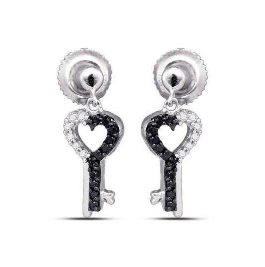 10K White Gold Womens Round Black Color Enhanced Diamond Key Heart Dangle Earrings 1/6 Cttw, Length: 0.67 In, Width: 0.2 In