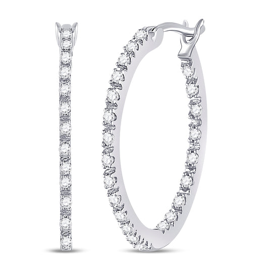 10K White Gold Womens Round Diamond Slender Single Row Hoop Earrings 1/4 Cttw