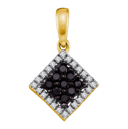 10kt Yellow Gold Womens Round Black Color Enhanced Diamond Diagonal Square Frame Pendant 1/3 Cttw