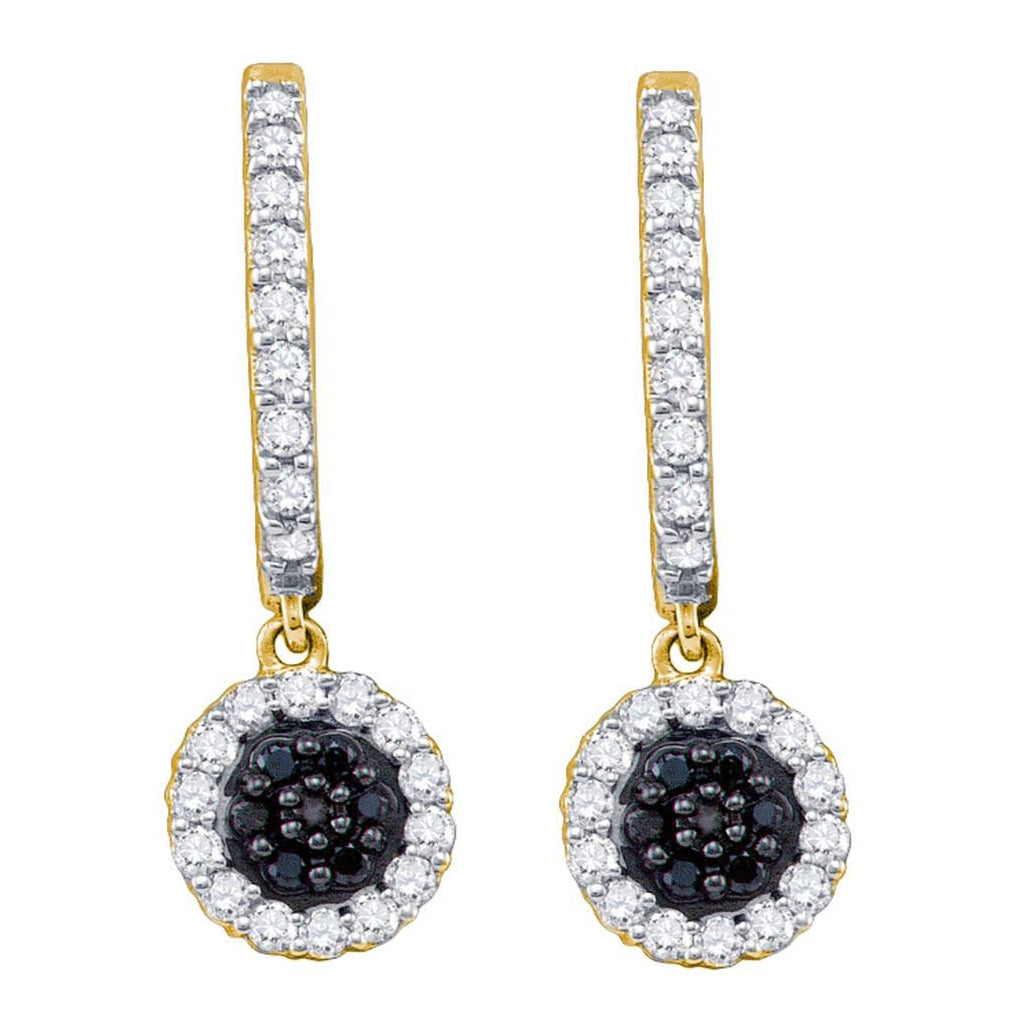 10k Yellow Gold Black Color Enhanced Diamond Womens Hoop Flower Cluster Dangle Earrings 1/2 Cttw