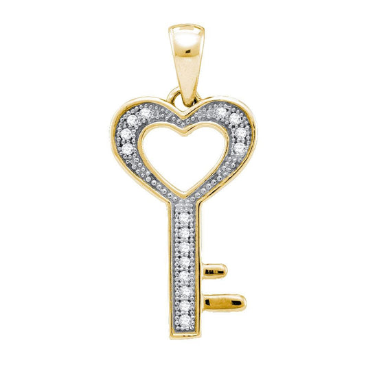 Yellow-tone Sterling Silver Womens Round Diamond Key Love Pendant 1/20 Cttw