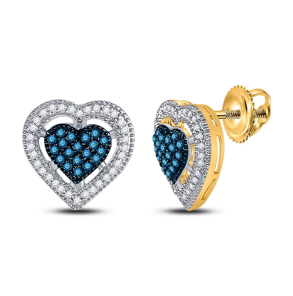 10K Yellow Gold Womens Round Blue Color Enhanced Diamond Heart Earrings 3/8 Cttw, Length: 0.47 In, Width: 0.47 In