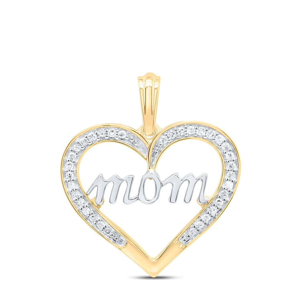 10K Yellow Gold Womens Round Diamond Heart Mom Pendant 1/8 Cttw, Length: 0.83 In, Width: 0.75 In