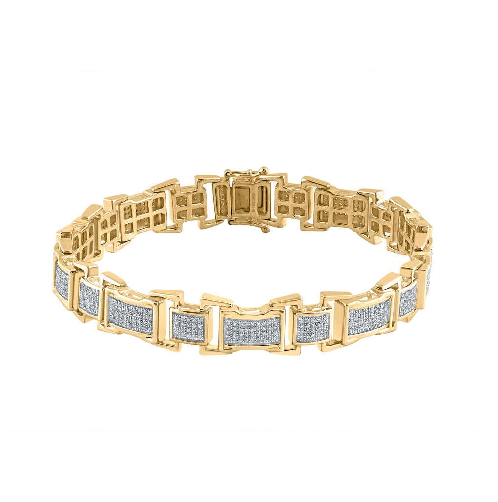 10K Yellow Gold Mens Round Diamond Rectangle Link Bracelet 1-3/8 Cttw