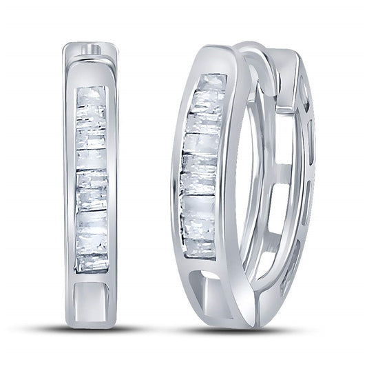 Sterling Silver Womens Baguette Diamond Huggie Earrings 1/6 Cttw, Length: 0.49 In