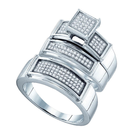 Sterling Silver His & Hers Round Diamond Cluster Matching Bridal Wedding Ring Band Set 3/8 Cttw