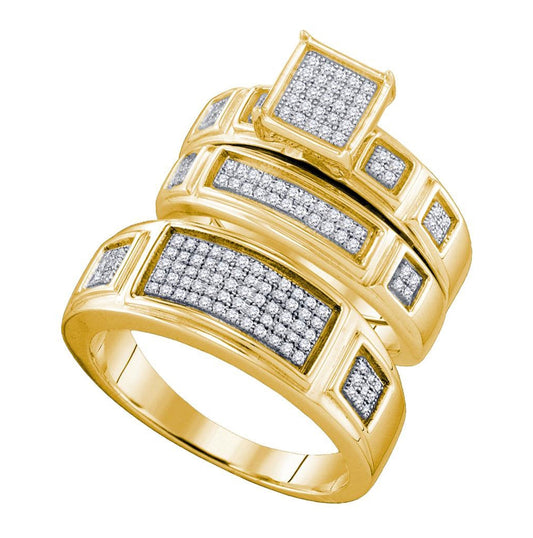 10kt Yellow Gold His Hers Round Diamond Cluster Matching Bridal Wedding Ring Band Set 3/8 Cttw