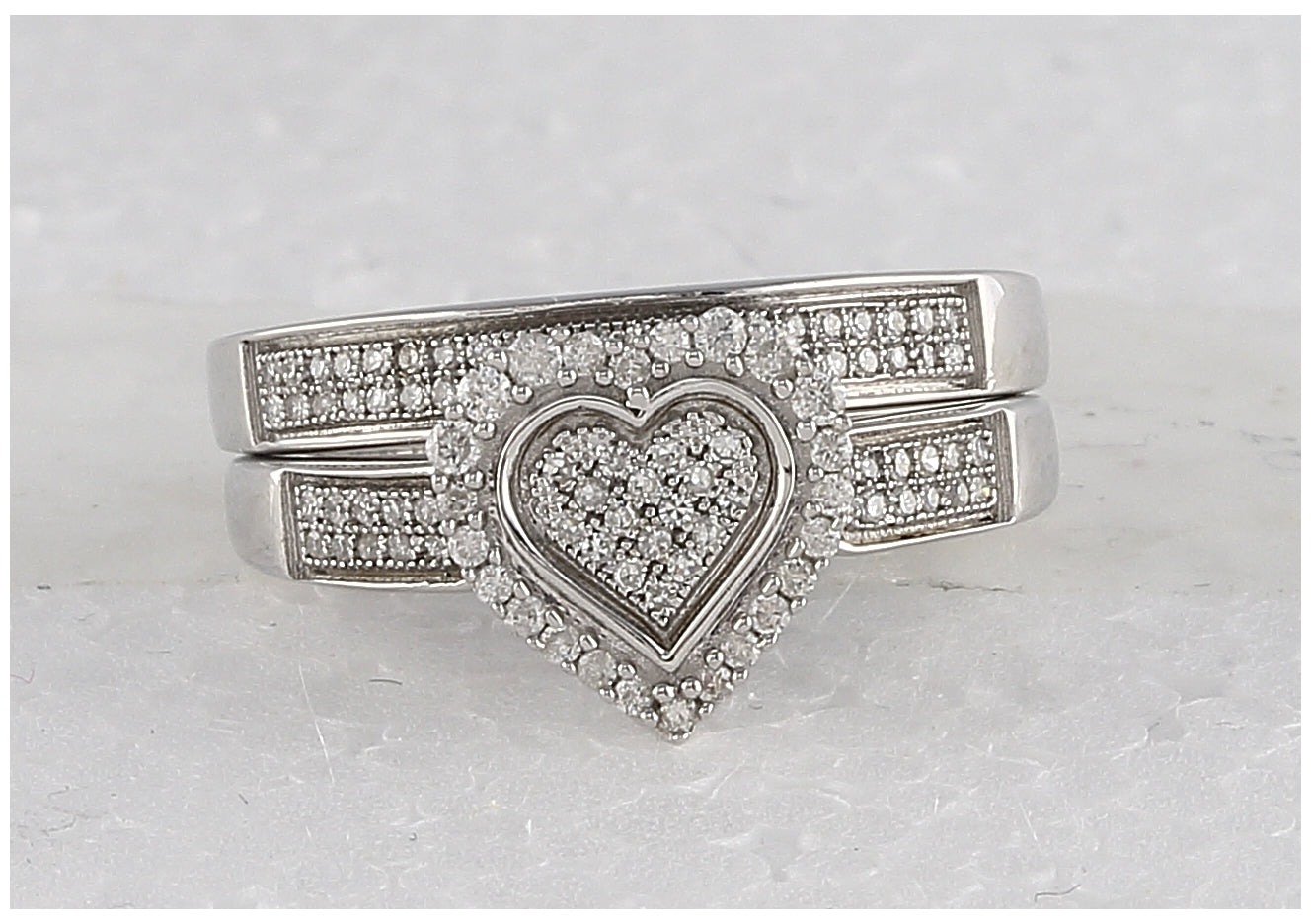 Sterling Silver Round Diamond Heart Bridal Wedding Ring Band Set 3/8 Cttw, Womens Size: 5-10