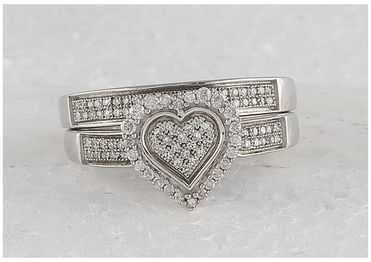 Sterling Silver Round Diamond Heart Bridal Wedding Ring Band Set 3/8 Cttw, Womens Size: 5-10