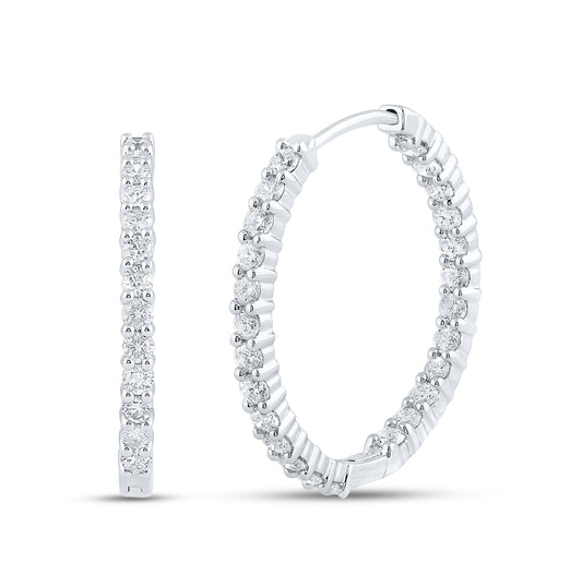 14K White Gold Women's Round Diamond Inside Outside Hoop Earrings 3ctw