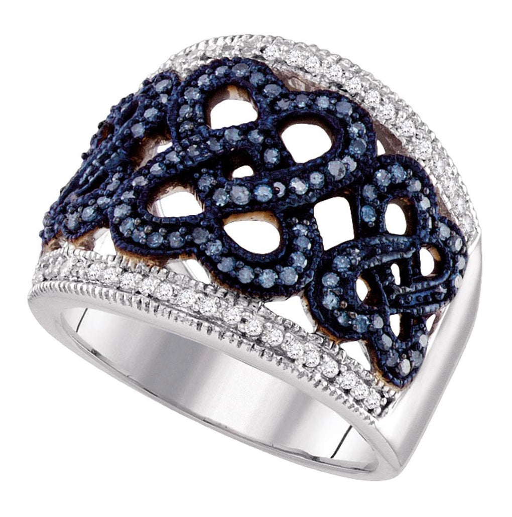 10kt White Gold Womens Round Blue Color Enhanced Diamond Linked Heart Ring 1/2 Cttw
