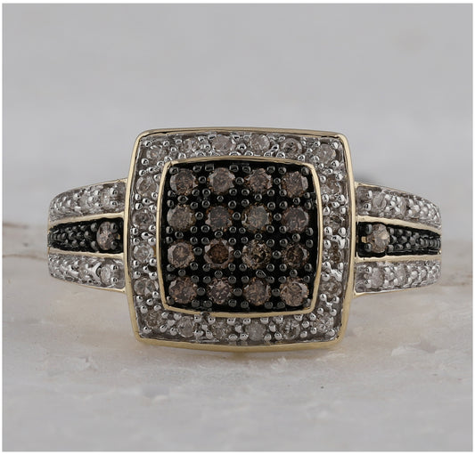 10K Yellow Gold Womens Round Brown Diamond Square Cluster Ring 1/2 Cttw, Womens Size: 5-10