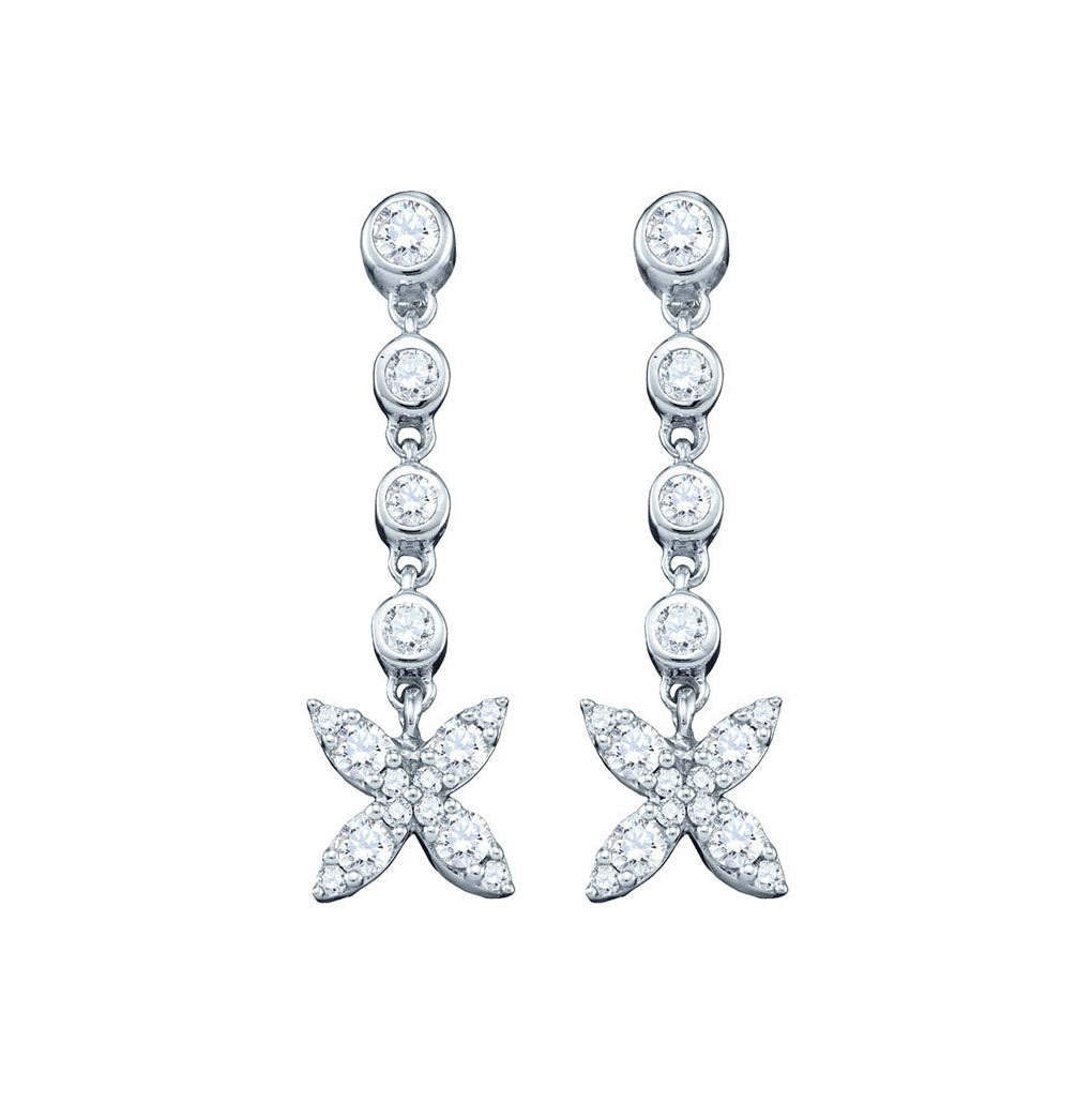 10K White Gold Womens Round Diamond Flower Cluster Dangle Earrings 3/4 Cttw, Length: 1.06 In, Width: 0.28 In