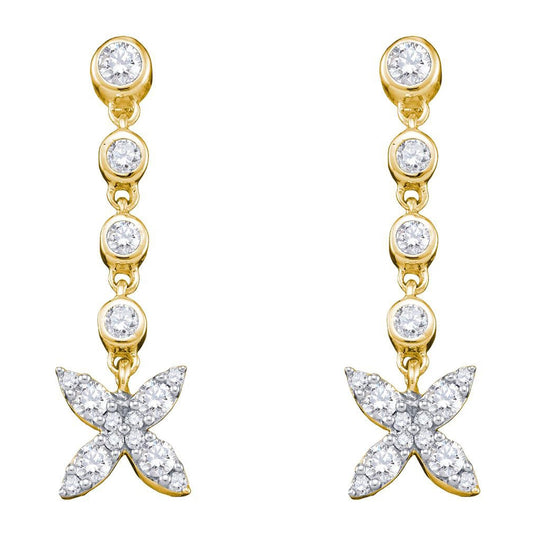10kt Yellow Gold Womens Round Diamond Flower Cluster Dangle Earrings 3/4 Cttw