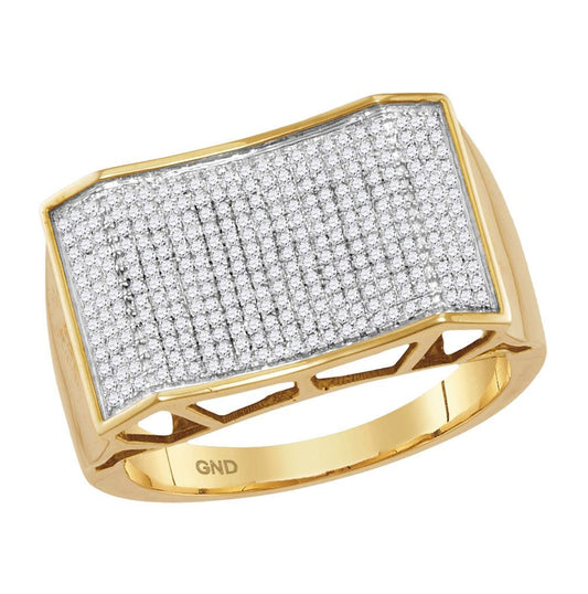 10kt Yellow Gold Mens Round Pave-set Diamond Rectangle Convex Cluster Ring 5/8 Cttw