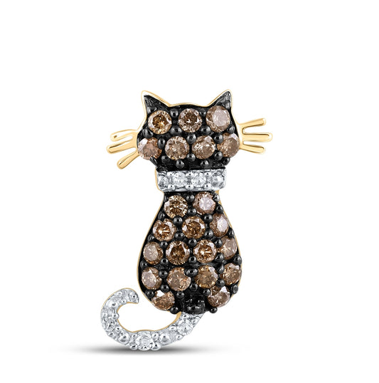 10k Yellow Gold Brown Diamond Kitty Cat Womens Pendant 1/3 Cttw