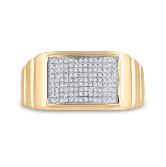 10K Yellow Or White Gold Mens Round Diamond Ribbed Rectangle Cluster Ring 1/4 Cttw, Mens Size: 7-13