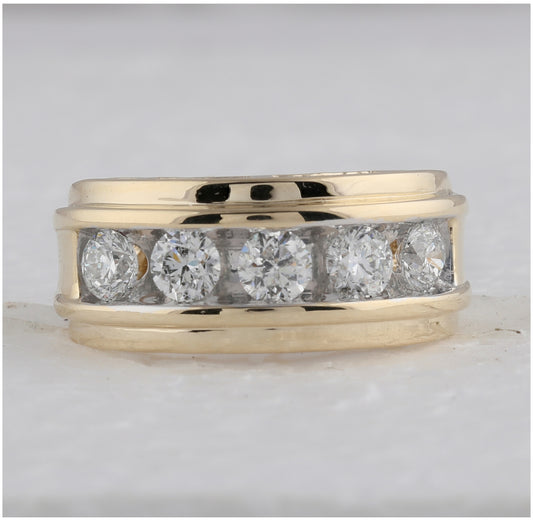 14K Yellow Gold Mens Round Diamond 5-Stone Wedding Band Ring 2 Cttw, Mens Size: 7-13