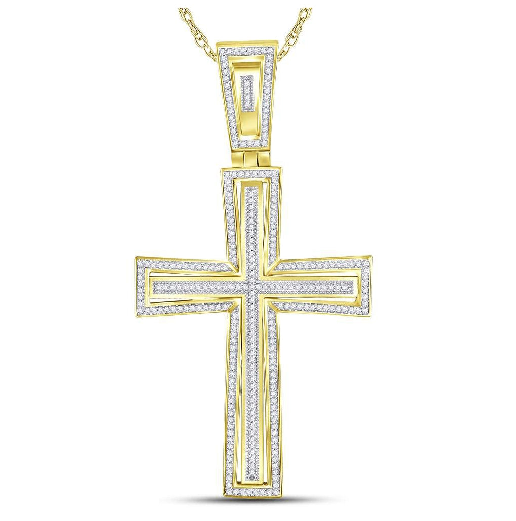 10K Yellow Gold Mens Round Diamond Cross Charm Pendant 3/4 Cttw, Length: 2.62 In, Width: 1.35 In