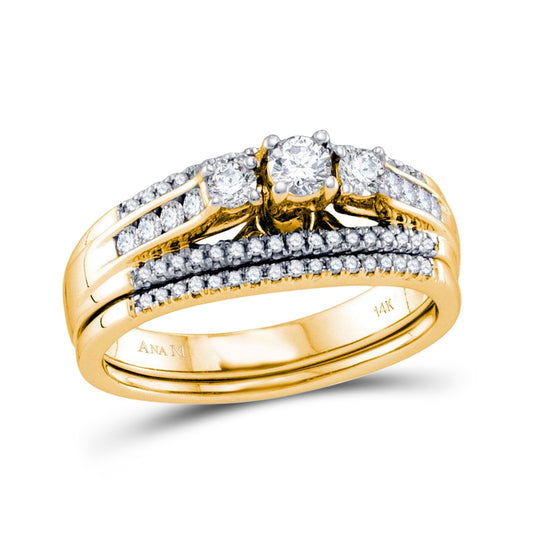 14k Yellow Gold Womens Round 3-stone Diamond Wedding Bridal Engagement Ring Band Set 1/2 Cttw
