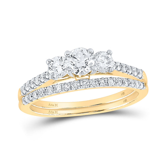 14K Yellow Gold Round Diamond 3-Stone Bridal Wedding Ring Band Set 1 Cttw, Womens Size: 5-10