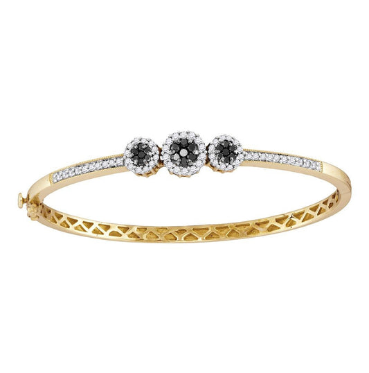 14kt Yellow Gold Womens Round Black Color Enhanced Diamond Triple Cluster Bangle Bracelet 1.00 Cttw
