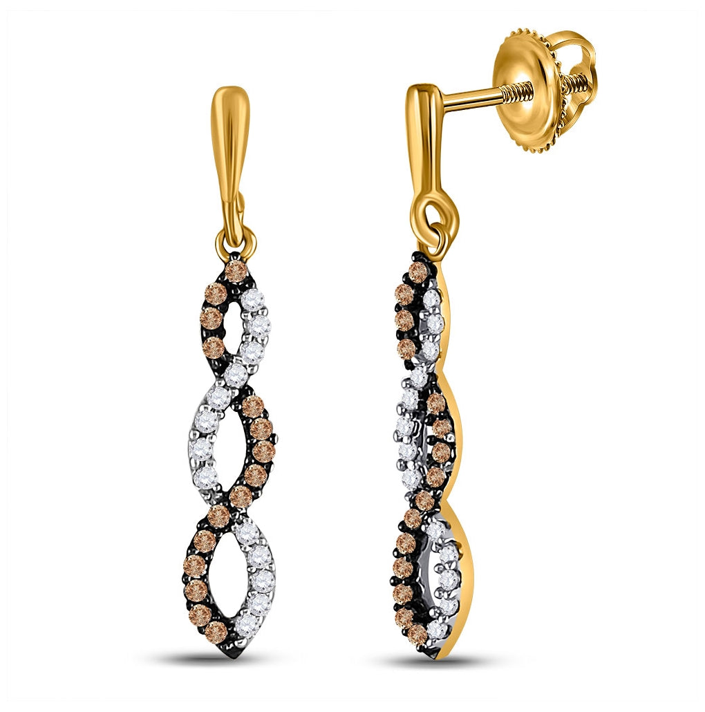 10K Yellow Gold Womens Round Brown Diamond Twist Dangle Earrings 1/5 Cttw