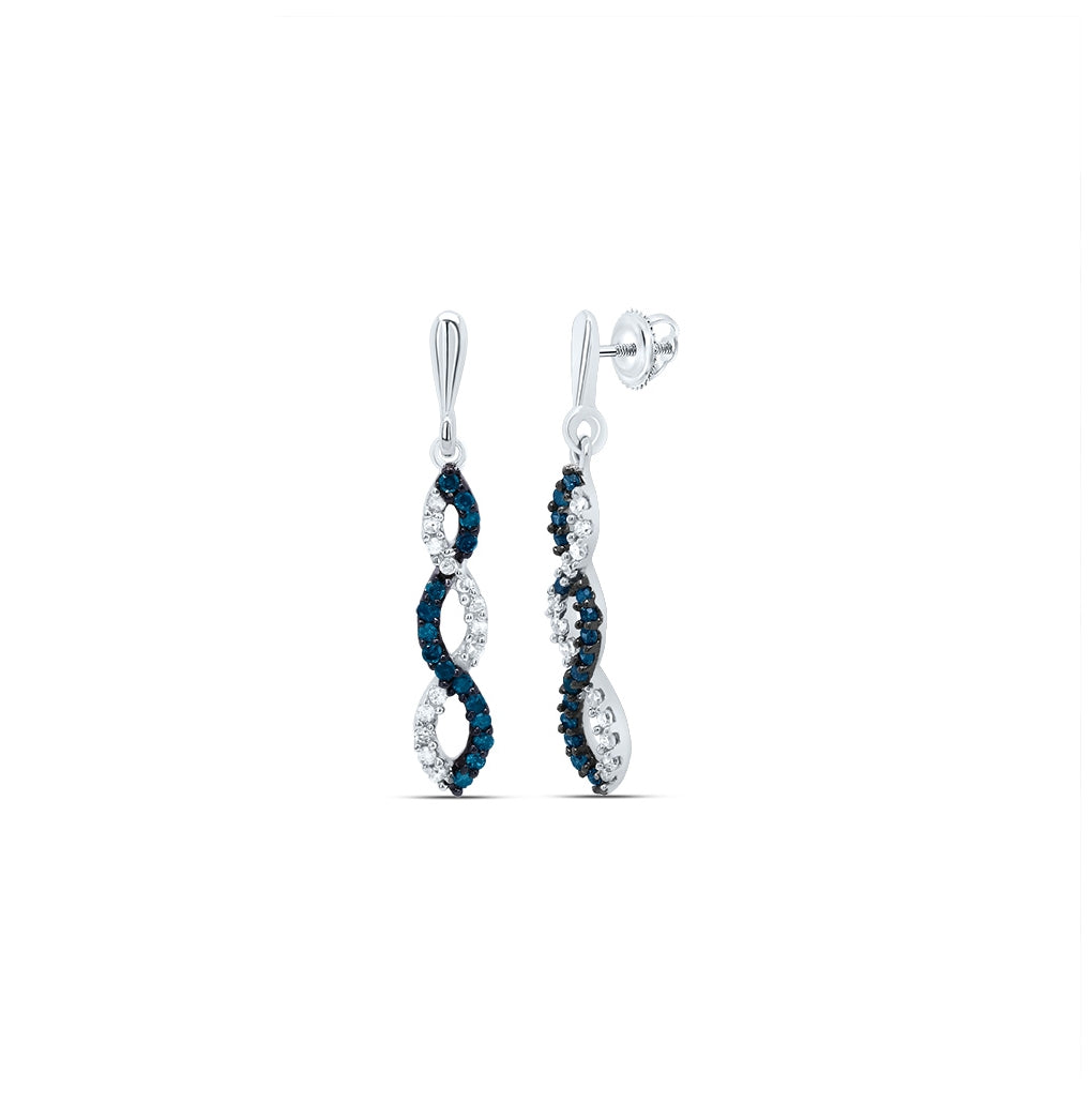 10K White Gold Womens Round Blue Color Enhanced Diamond Dangle Earrings 1/6 Cttw