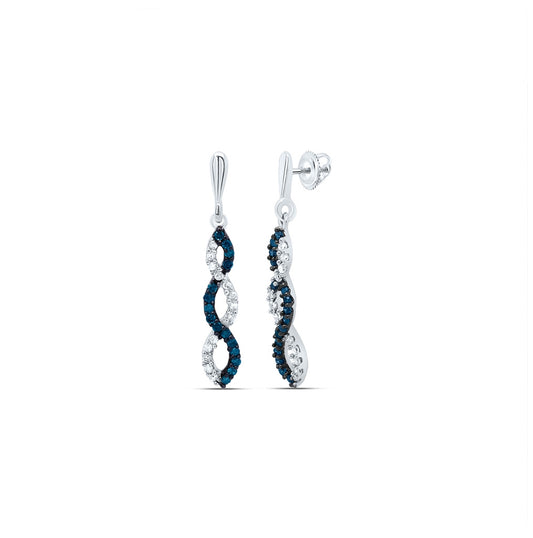10K White Gold Womens Round Blue Color Enhanced Diamond Dangle Earrings 1/6 Cttw