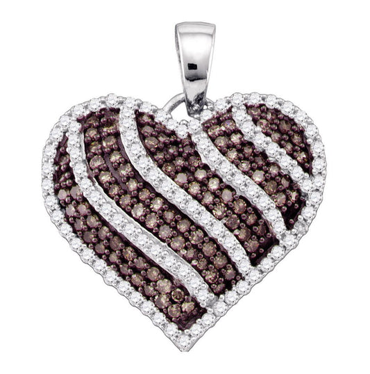 10kt White Gold Womens Round Brown Diamond Striped Heart Pendant 1.00 Cttw