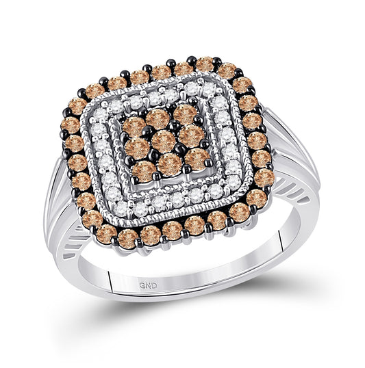 10kt White Gold Womens Round Brown Diamond Square Cluster Ring 1.00 Cttw
