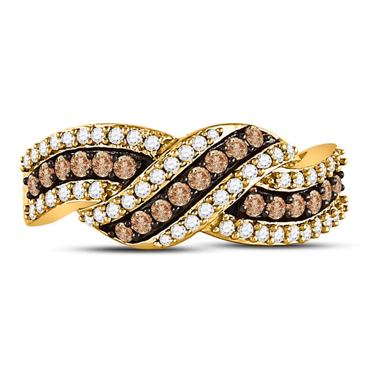 10K Yellow Gold Womens Round Brown Diamond Crossover Band Ring 3/4 Cttw, Womens Size: 5-10