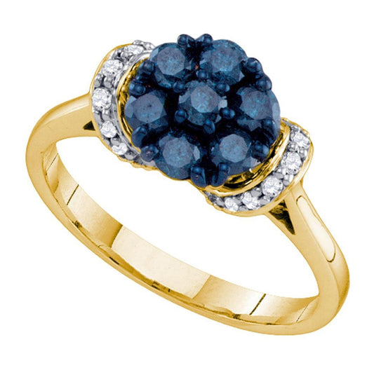 10kt Yellow Gold Womens Round Blue Color Enhanced Diamond Flower Cluster Ring 5/8 Cttw