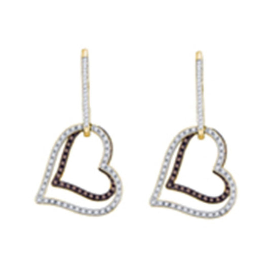10kt Yellow Gold Womens Brown Diamond Dangle Double Heart Earrings 1/2 Cttw