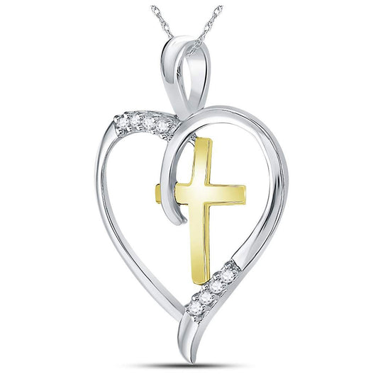 Sterling Silver Womens Round Diamond Cross Heart Pendant 1/20 Cttw