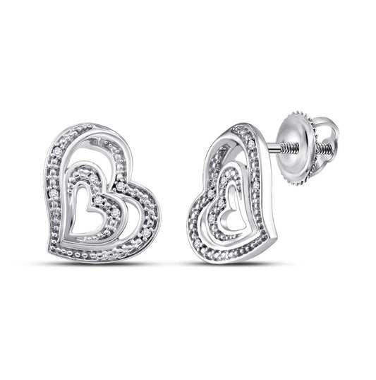 Sterling Silver Womens Round Diamond Heart Earrings 1/20ctw, Length: 0.52 Inch Width: 0.48 Inch
