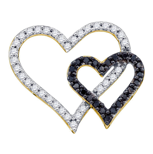 10kt Yellow Gold Womens Round Black Color Enhanced Diamond Double Heart Pendant 1/2 Cttw