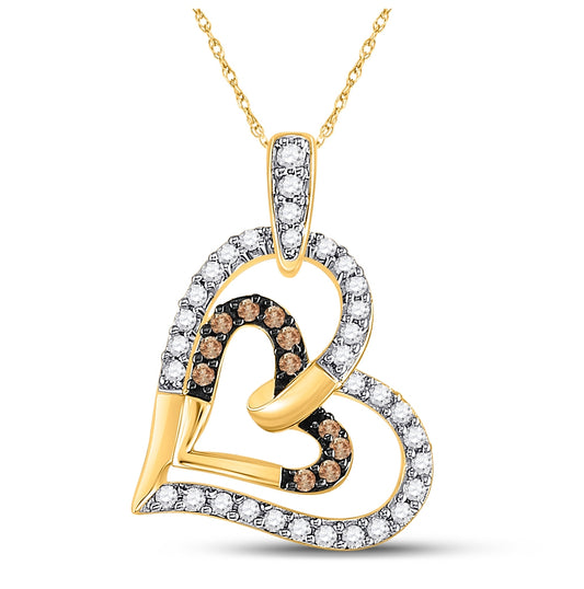 10kt Yellow Gold Womens Round Brown Diamond Heart Pendant 1/3ctw