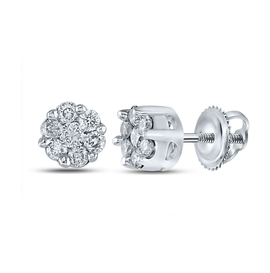 Sterling Silver Womens Round Diamond Flower Cluster Earrings 1/4ctw, Length: 0.2 Inch Width: 0.2 Inch