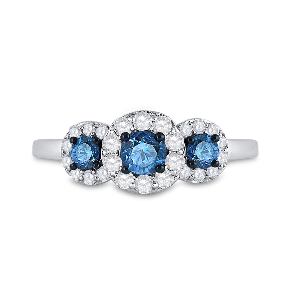 10kt White Gold Womens Round Blue Color Enhanced Diamond 3-stone Bridal Wedding Engagement Ring 1.00 Cttw