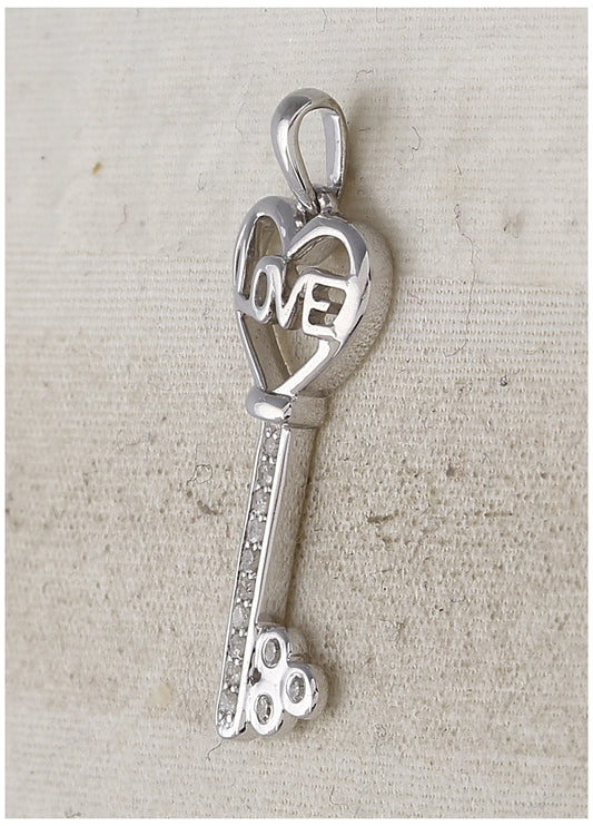 Sterling Silver Womens Round Diamond Love Key Pendant 1/10ctw