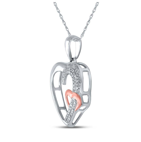 Sterling Silver Womens Round Diamond 2-tone Heart Pendant 1/6 Cttw