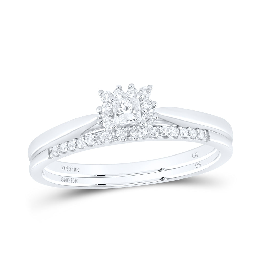 10kt White Gold Womens Princess Diamond Halo Bridal Wedding Engagement Ring Band Set 1/4 Cttw