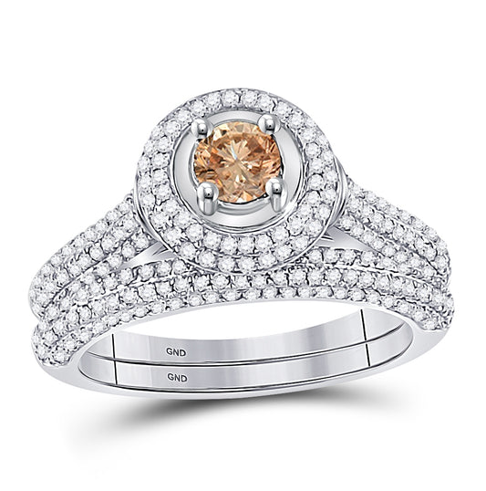14kt White Gold Womens Round Brown Diamond Bridal Wedding Engagement Ring Band Set 1-1/4 Cttw