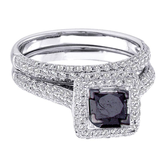 14k White Gold Womens Black Princess Diamond Solitaire Pave Wedding Bridal Ring Set 1-1/4 Cttw Size 6